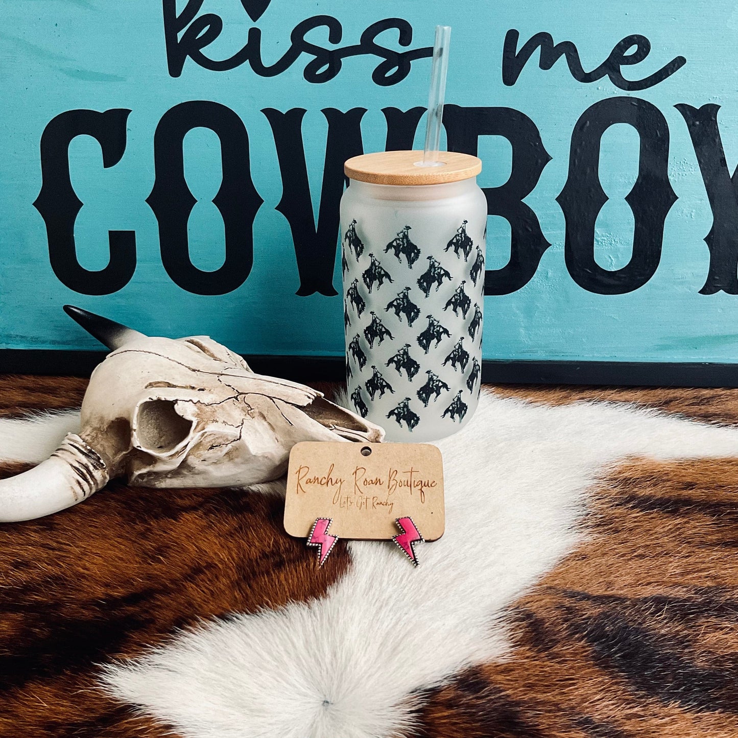 Rodeo Bronc Bucking Frosted Glass 16 oz Western Tumbler