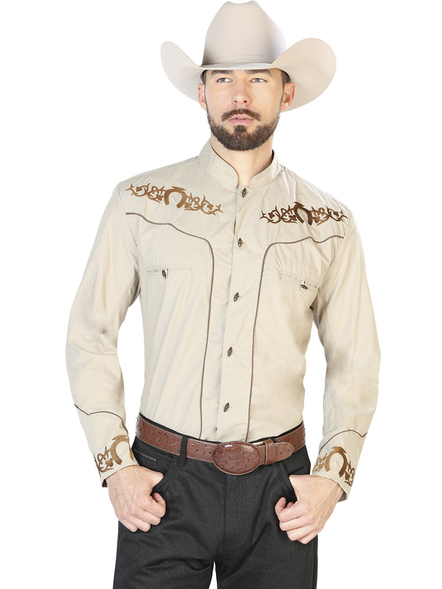 El Señor de los Cielos Charro Embroidery Shirt in Khaki/Brown