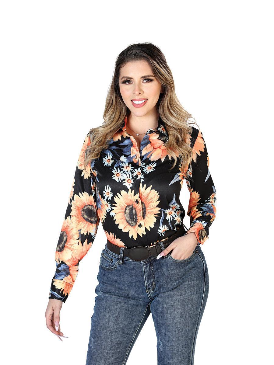 Womens Black/Sunflowers Long Sleeve Western Shirt