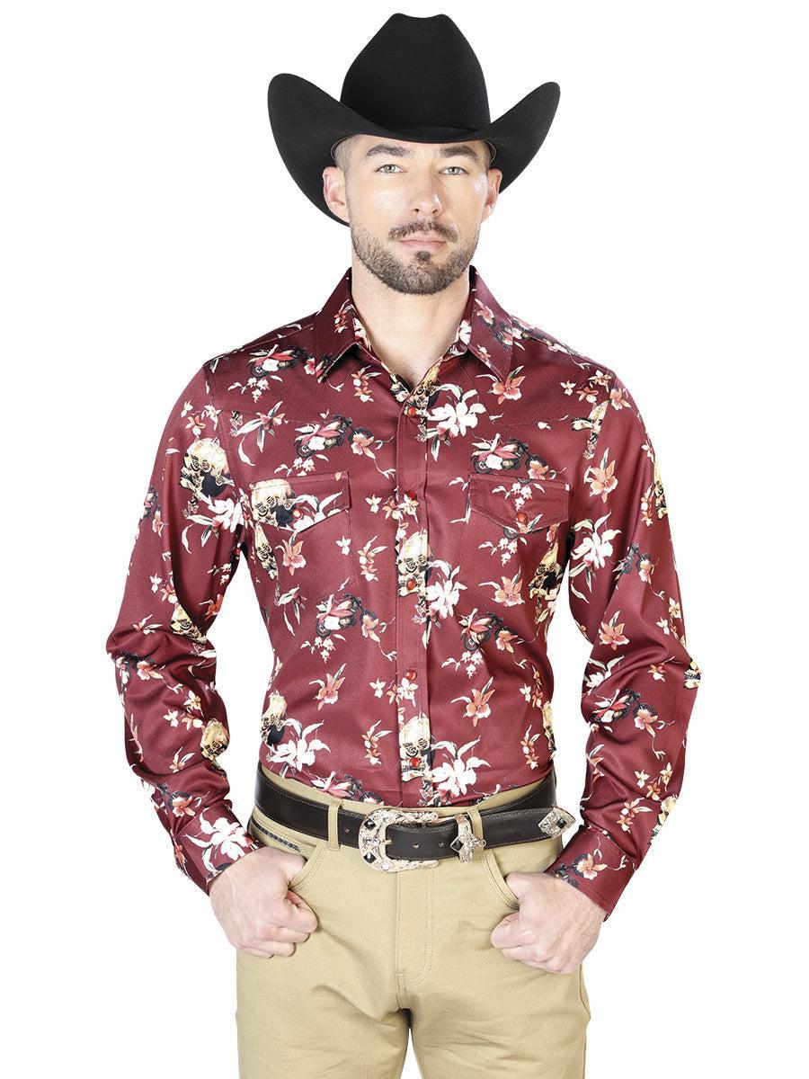 Burgundy Flowers Casual Long Sleeve Shirt