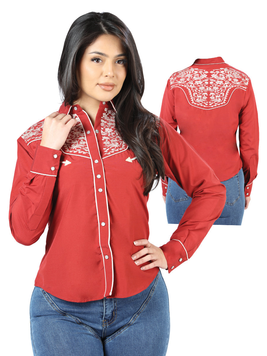 Women's Burgundy Embroidered Western Style Button Up Blouse For Casual Western Events