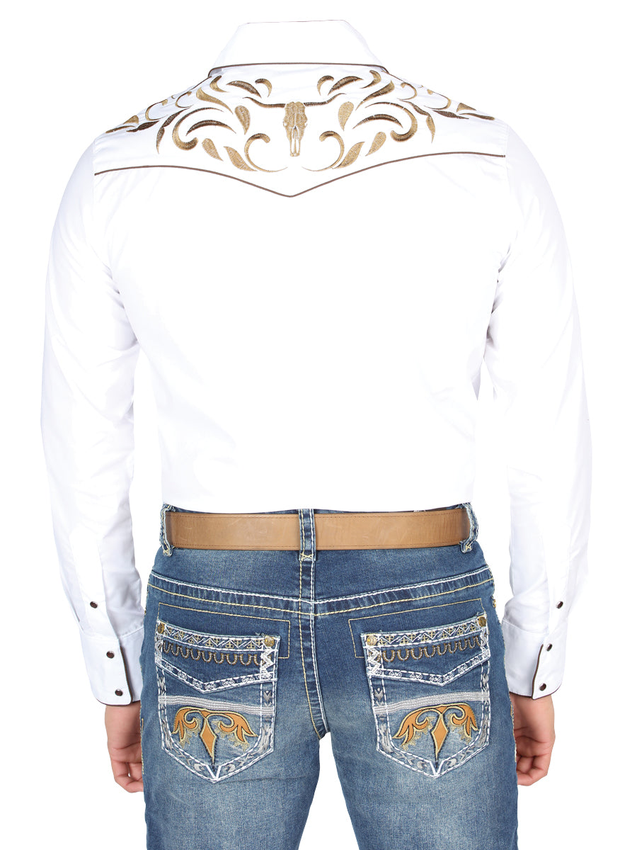 El General Embroidery Western Shirt in White/Gold