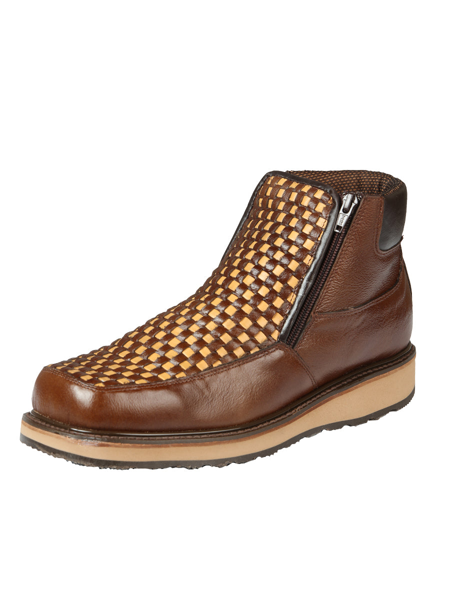 El General Men's Ankle Boot with Zipper — Woven in Brown/Honey