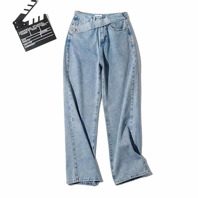 Retro Oblique Belted High Waist Straight Wide Leg Jeans for Cowgirls