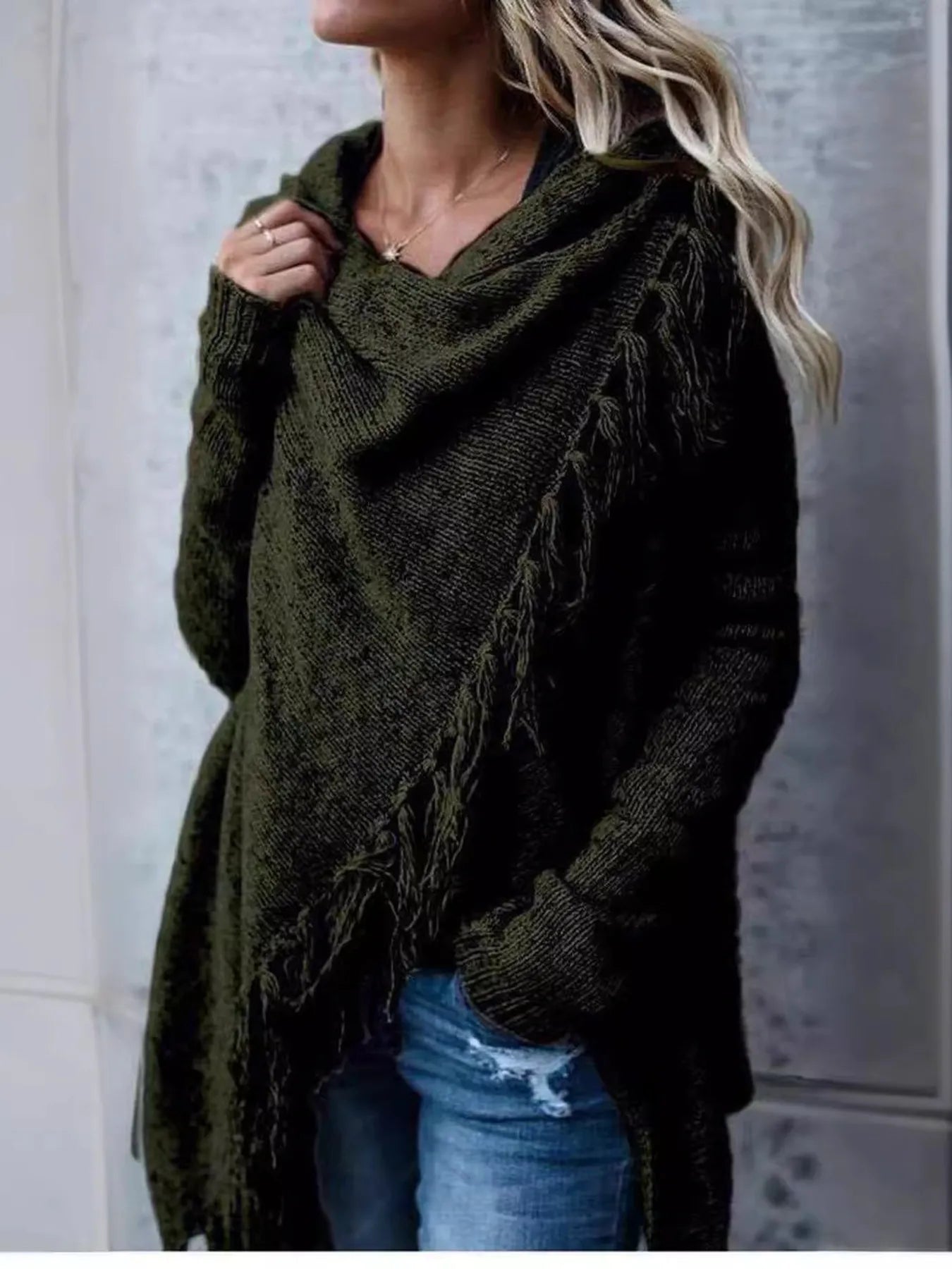 Fringe Long Sleeve Wrap Cardigan Button Fasten
