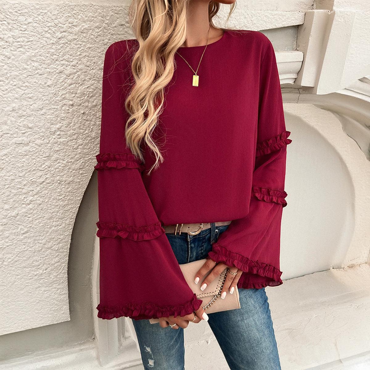 Elegant Socialite Trumpet Sleeved Top – Stylish Ruffled Blouse for Trendy Women