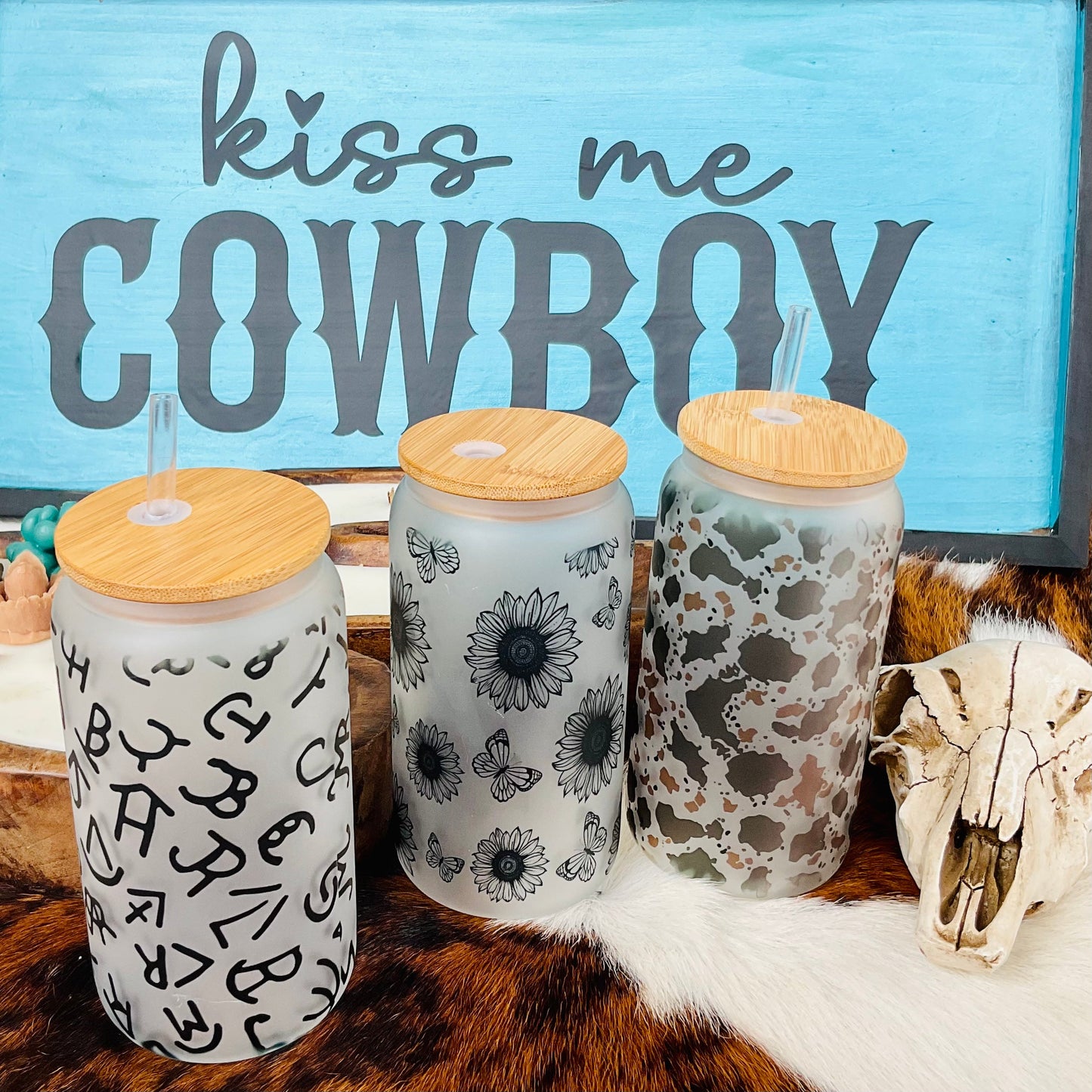 Sunflower and Butterflies Frosted Glass 16 oz Tumbler