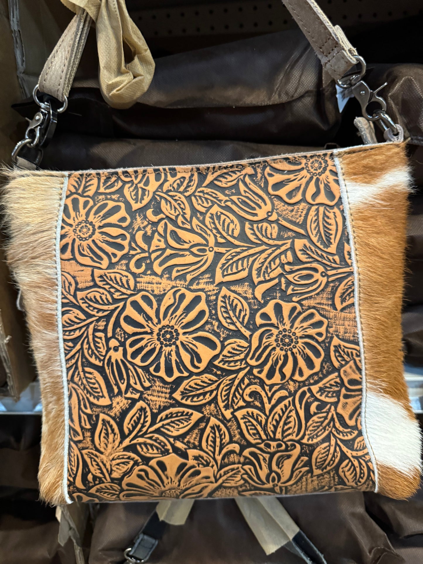 BA2826 Center Floral Tooled Cowhide Handbag