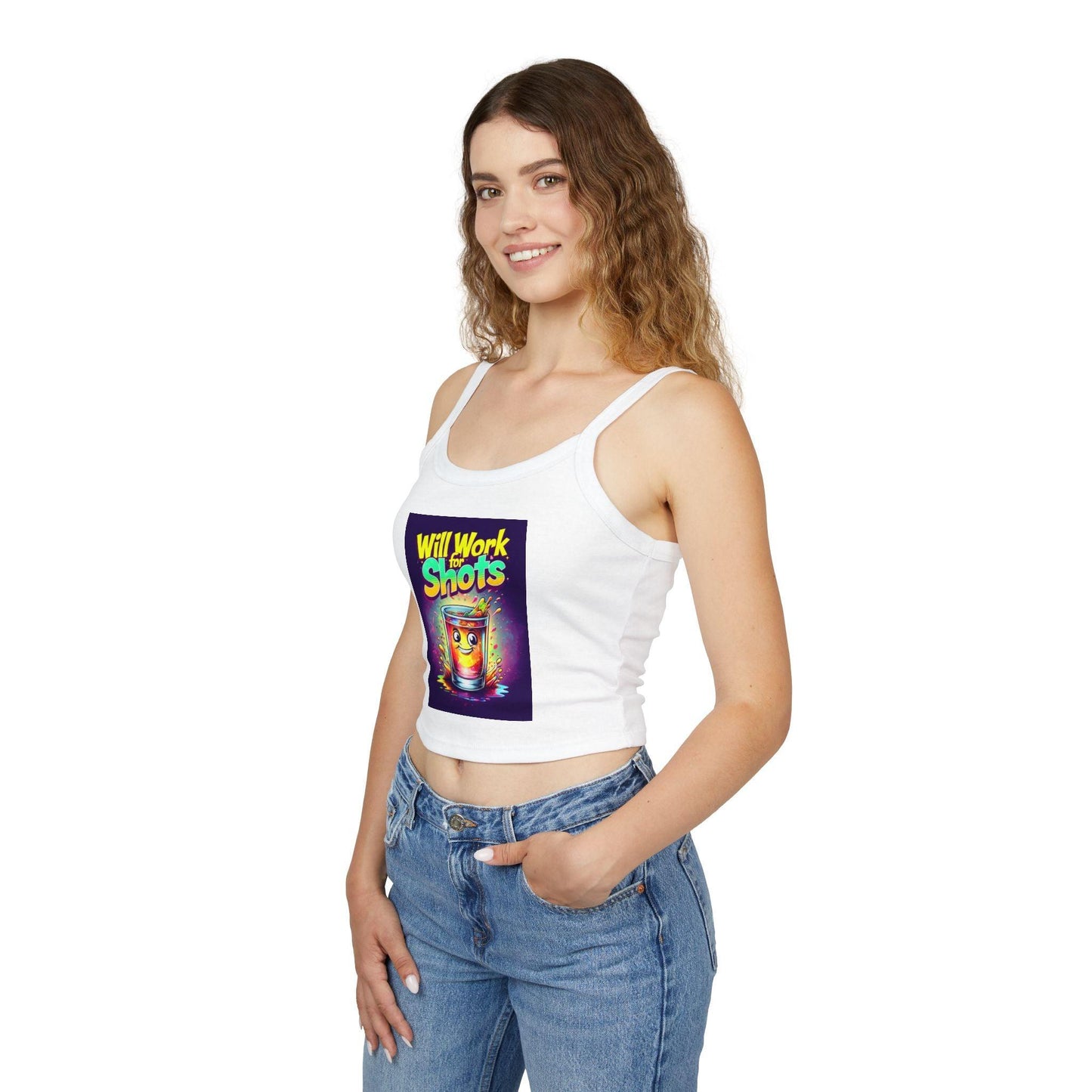 Will Work for Shots Womens Spaghetti Strap Tank Top