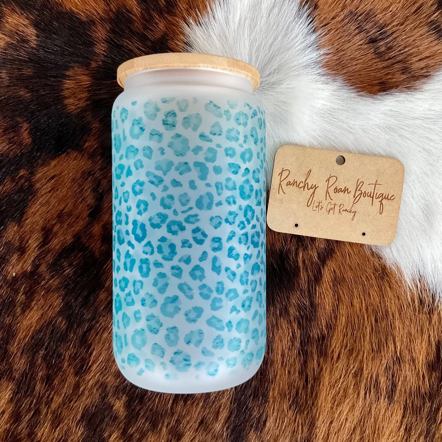 Turquoise Leopard Printed Frosted Glass Western 16 oz Tumbler