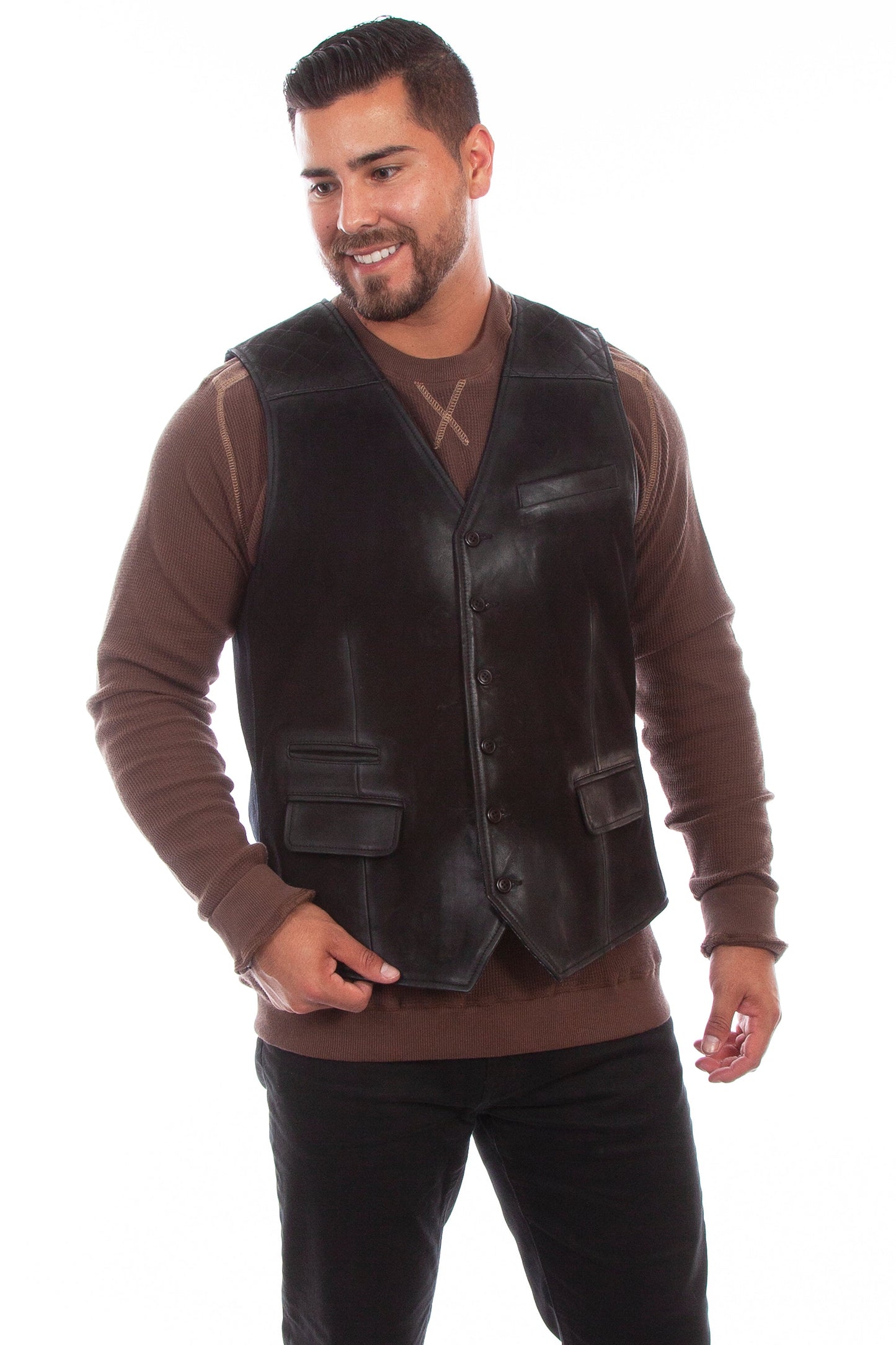 Leather W/denim Vest - 1058