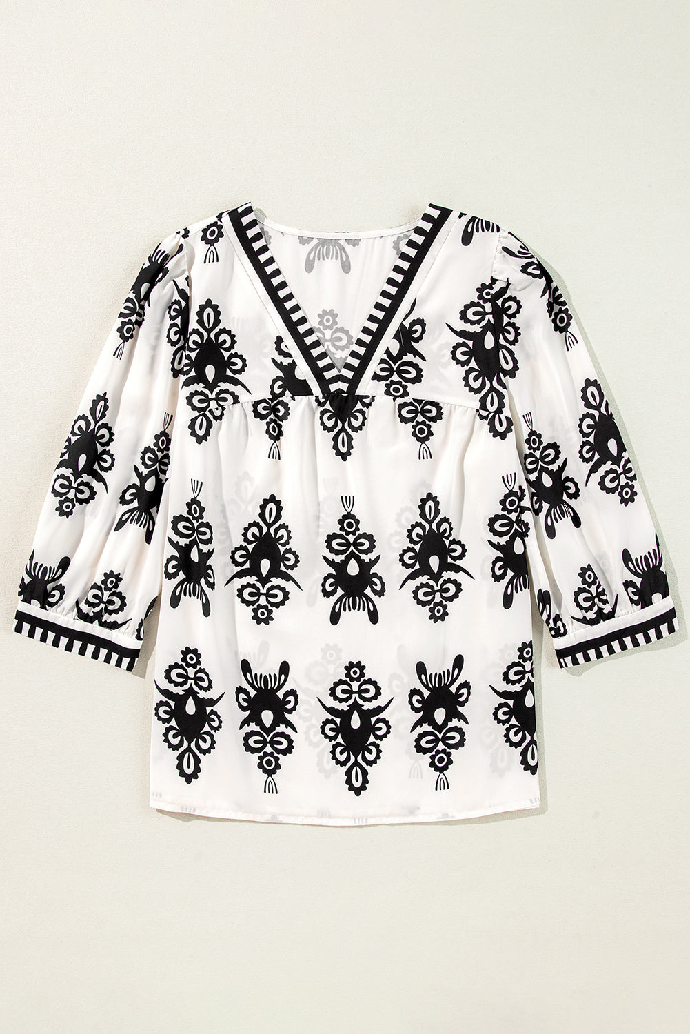 Boho Beige and Black Print Puff Sleeve Blouse