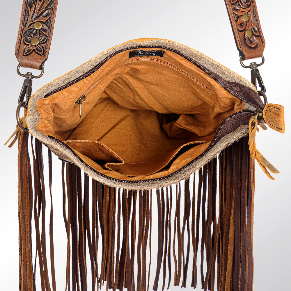 American Darling ADBGS192BRWBR Messenger Hand Tooled Hair On Genuine Leather Women Bag Western Handbag Purse