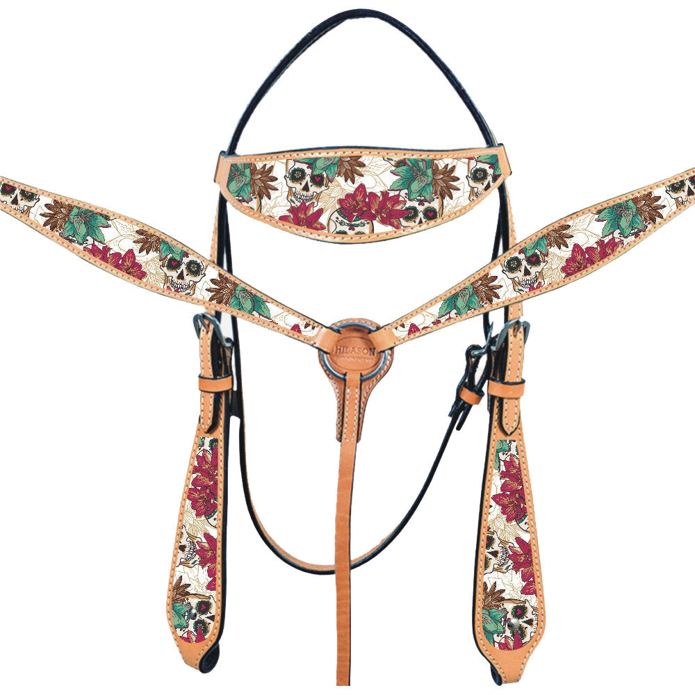 Western Horse Headstall Breast Collar Set American Leather Skulls Hilason