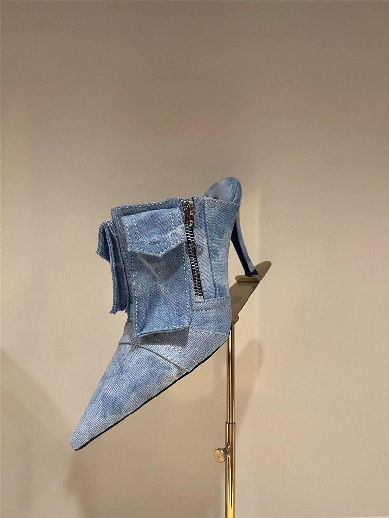 Women Pocket Denim Pointed Toe Heeled Ankle Boots
