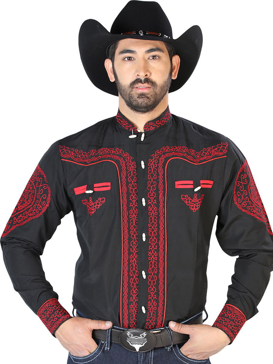 El Señor de los Cielos Charro Embroidery Shirt in Black/Red