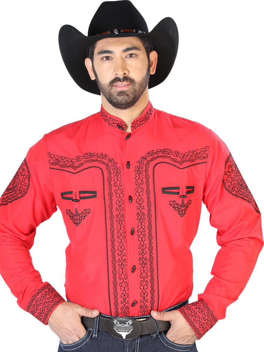 El Señor de los Cielos Charro Embroidery Shirt in Red/Black