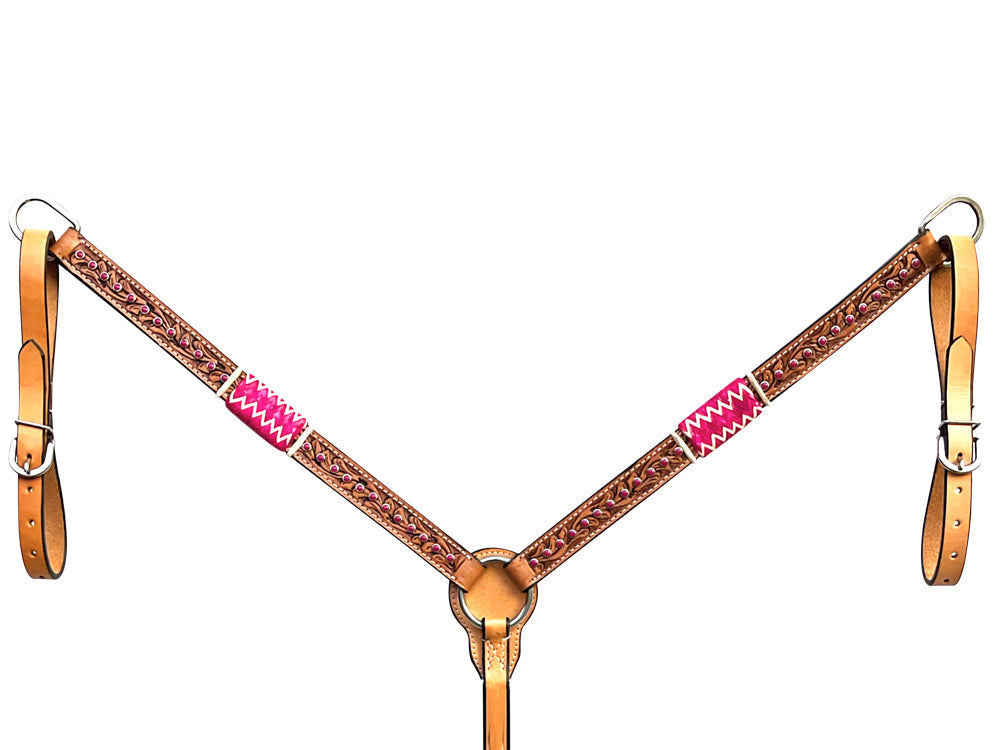 Bar H Equine Horse Genuine Leather Rawhide Stud Breast Collar ,Headstall Tan