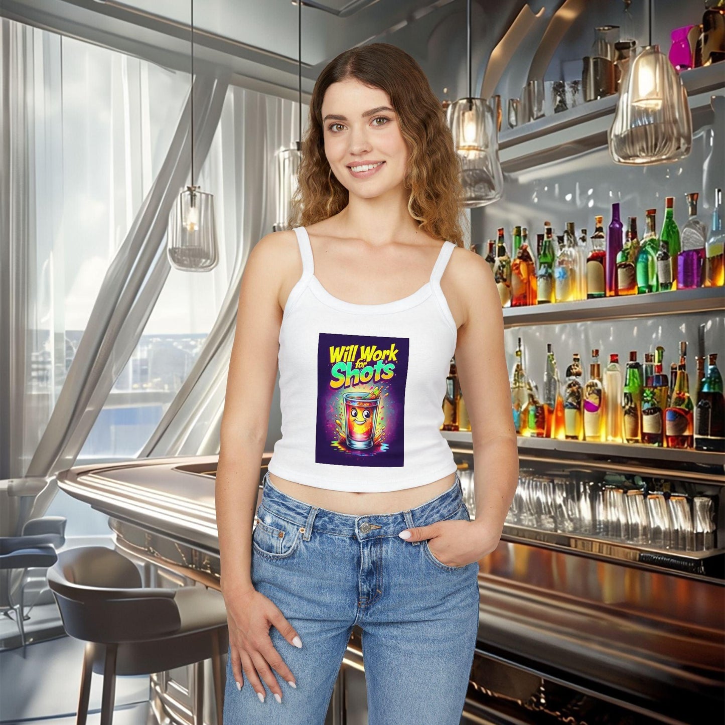 Will Work for Shots Womens Spaghetti Strap Tank Top