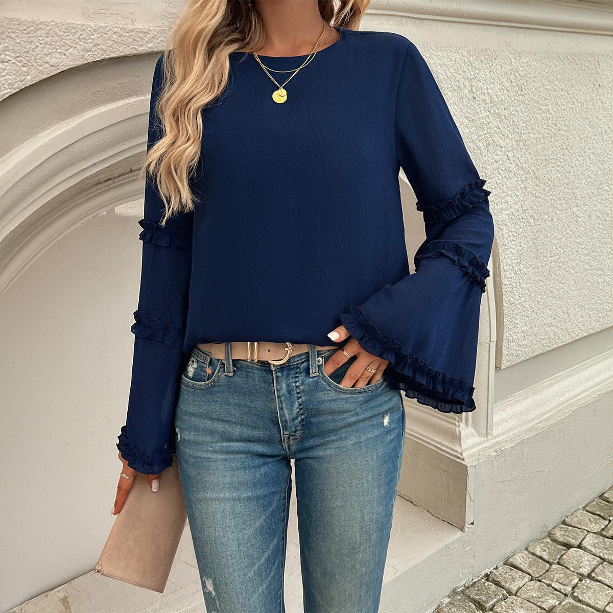 Elegant Socialite Trumpet Sleeved Top – Stylish Ruffled Blouse for Trendy Women