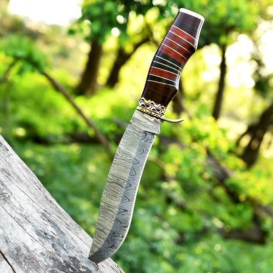 Antique 13" Damascus Steel Bowie Knife – Brass Guard and Pakkawood Handle with Leather Sheath