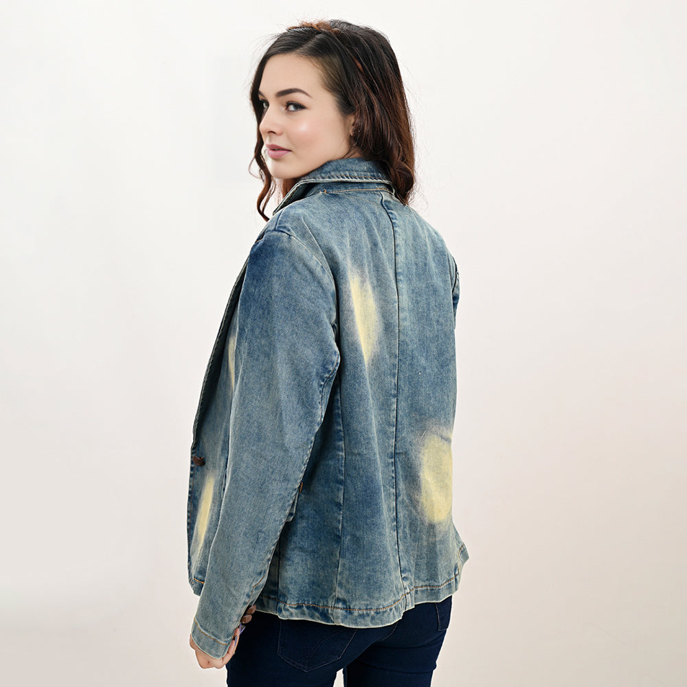 ADBZ042 Genuine leather Hand tooled hand carved Women 100% cotton Denim Blazer dress jacket ladies Girl