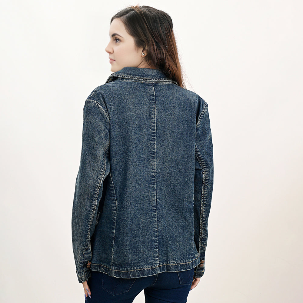 ADBZ043 Genuine leather Hand tooled hand carved Women 100% cotton Denim Blazer dress jacket ladies Girl