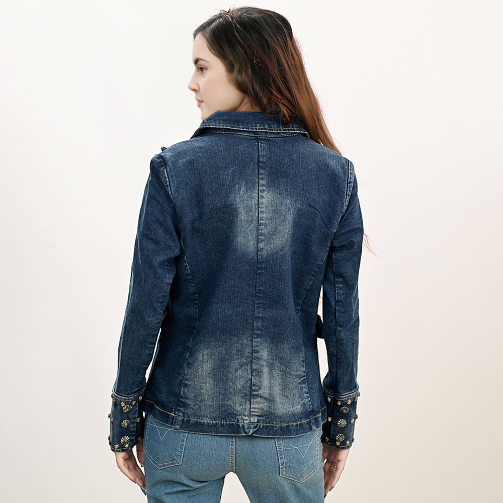 ADBZ046 Genuine leather Hand tooled hand carved Women 100% cotton Denim Blazer dress jacket ladies Girl