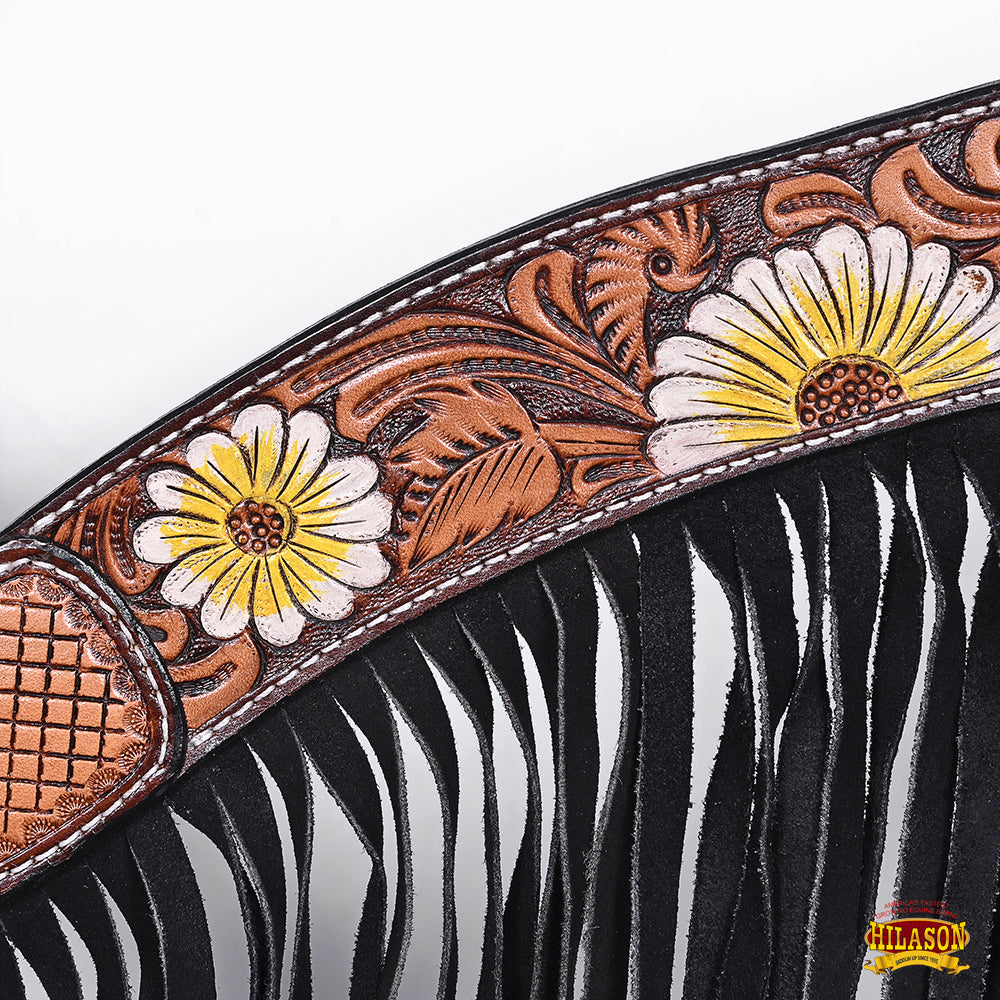 Hilason Horse Floral Hand Painted American Leather Breast Collar Headstall Fringes Brown