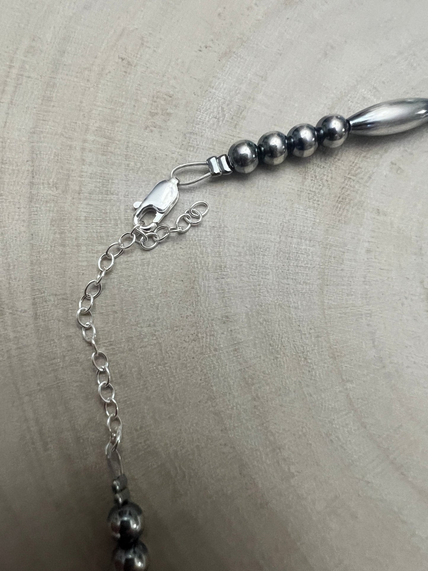Sterling Silver Torpedo Bead Necklace with 5mm & 6mm Sterling Pearl Accents — 15 inch (Made in USA)