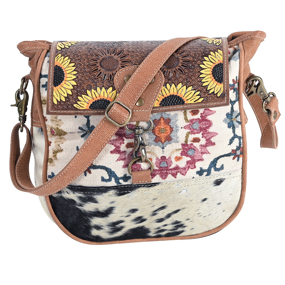 Handcrafted Western Crossbody Bag With Hand-Tooled Leather Upcycled Canvas And Hair-On Accents