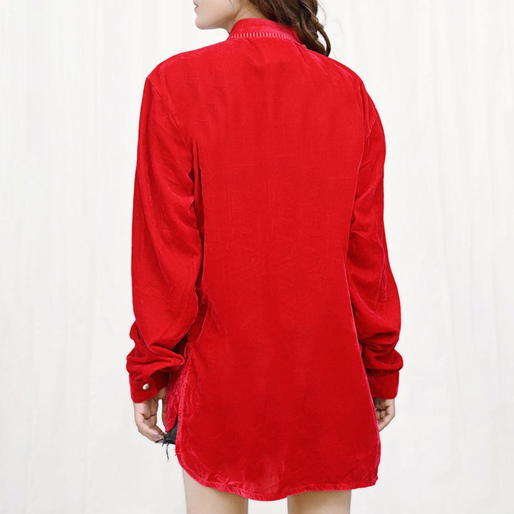 American Darling ADDR003 100% Cotton Denim Women Shirt Jacket Dress Ladies Girl Top Red