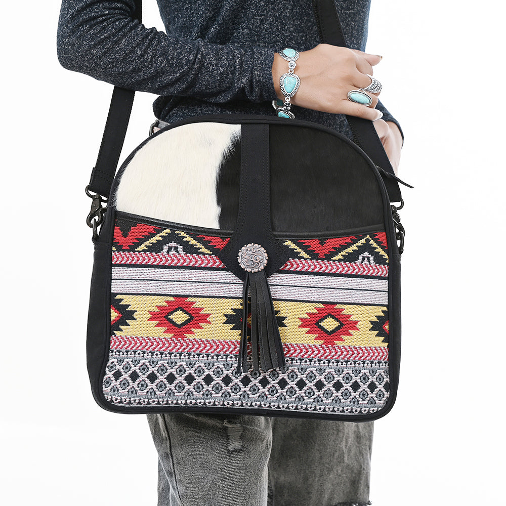 OHLAY Cross Body Hair On Upcycled Canvas Genuine Leather Women Bag Western Handbag Purse