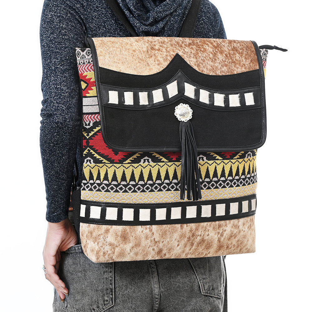 OHLAY Backpack Hair On Upcycled Canvas Genuine Leather Women Bag Western Handbag Purse