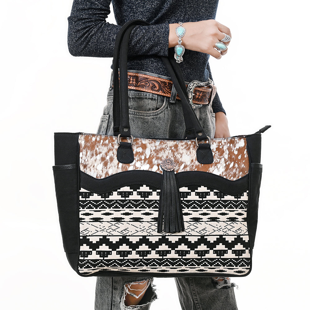 OHLAY Tote Hair On Upcycled Canvas Genuine Leather Women Bag Western Handbag Purse