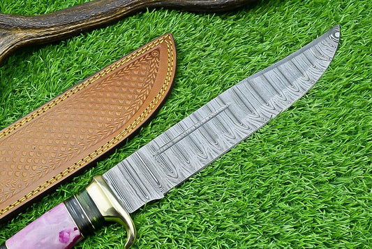 Damascus Steel "The Bowie" Knife - 16" with Brass Guard and Resin Pakkawood Handle, Leather Sheath Included