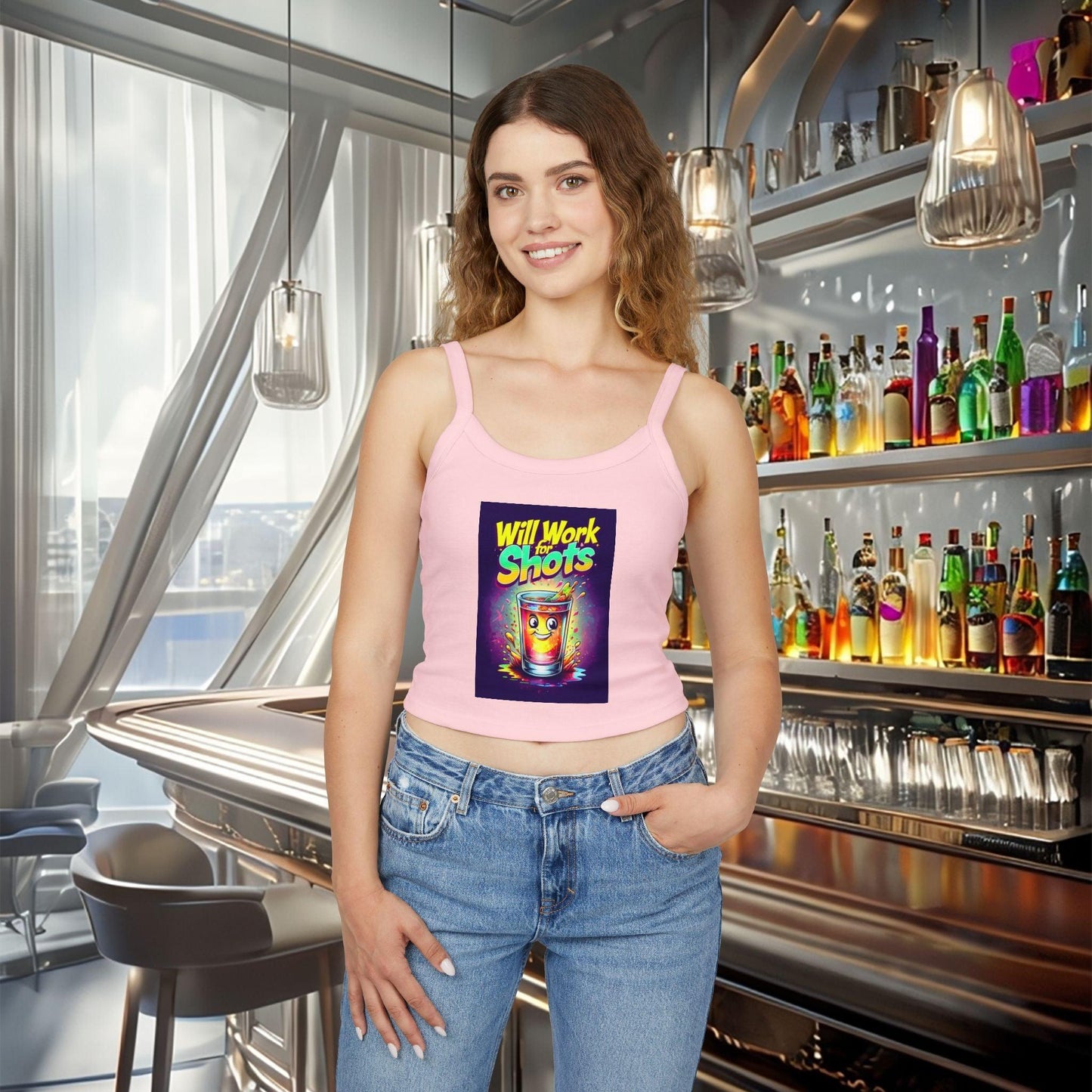 Will Work for Shots Womens Spaghetti Strap Tank Top