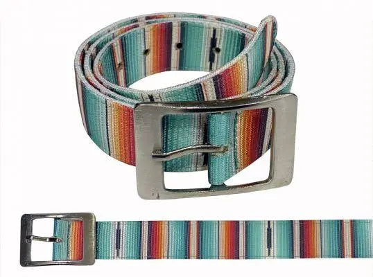 Teal Serape Nylon Belt with pre punched holes.