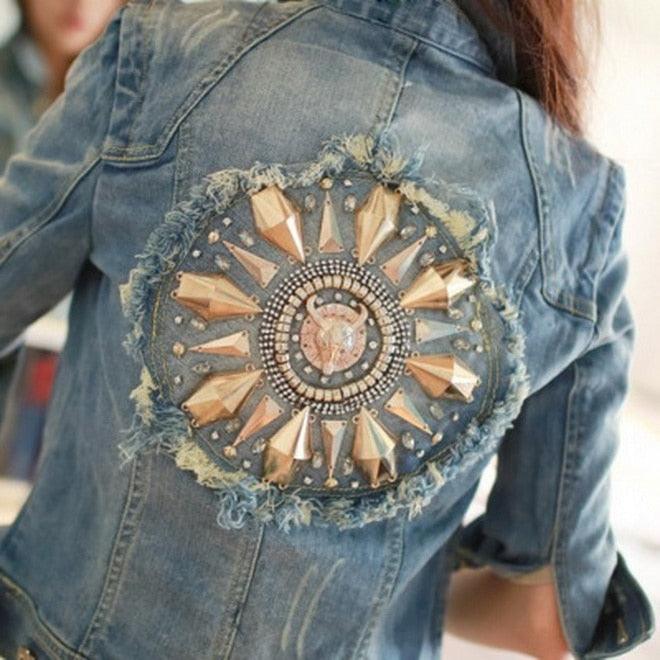 Cute Diamonds Encrusted Half Sleeve Denim Jacket