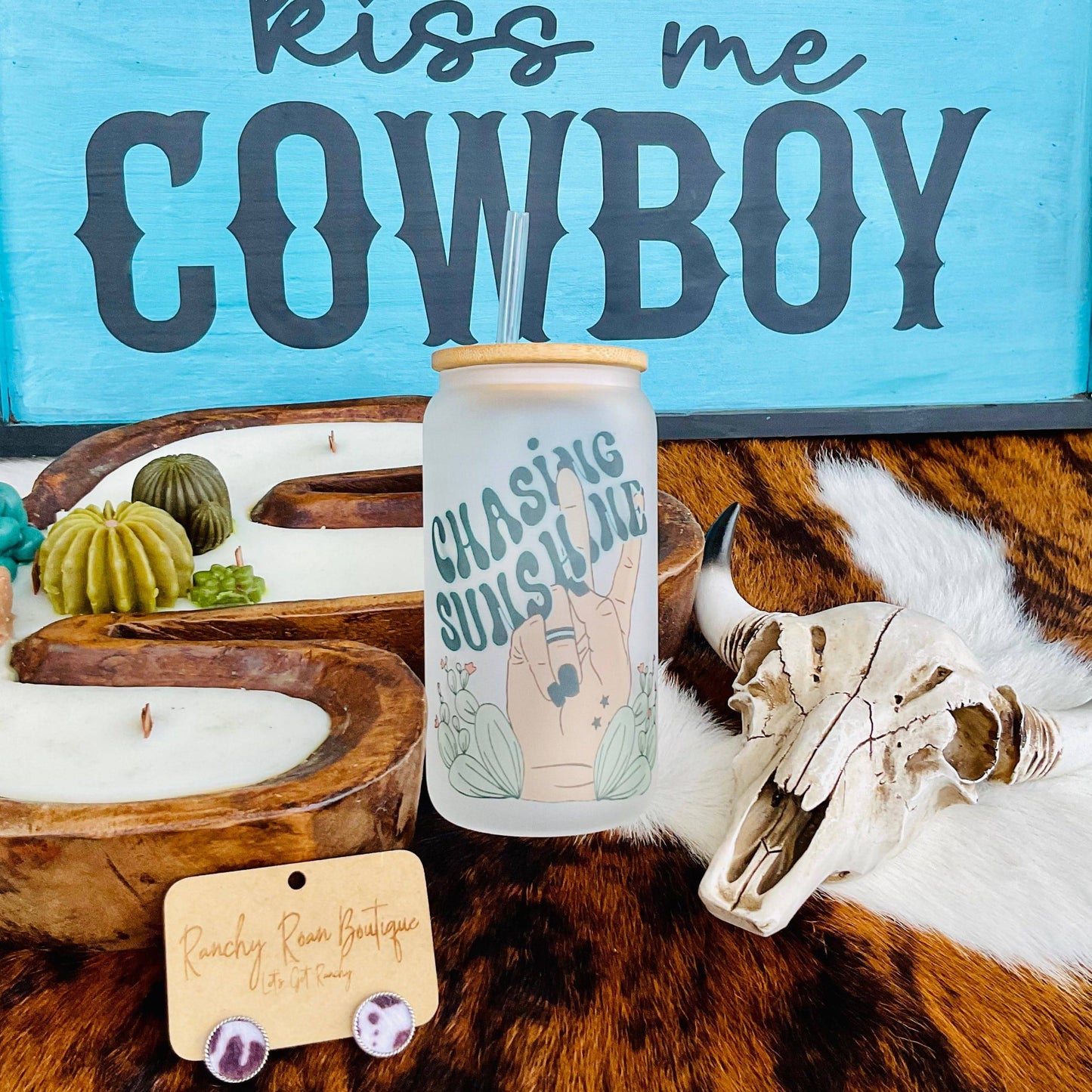 Chasing Sunshine Frosted Glass 16 oz Western Tumbler