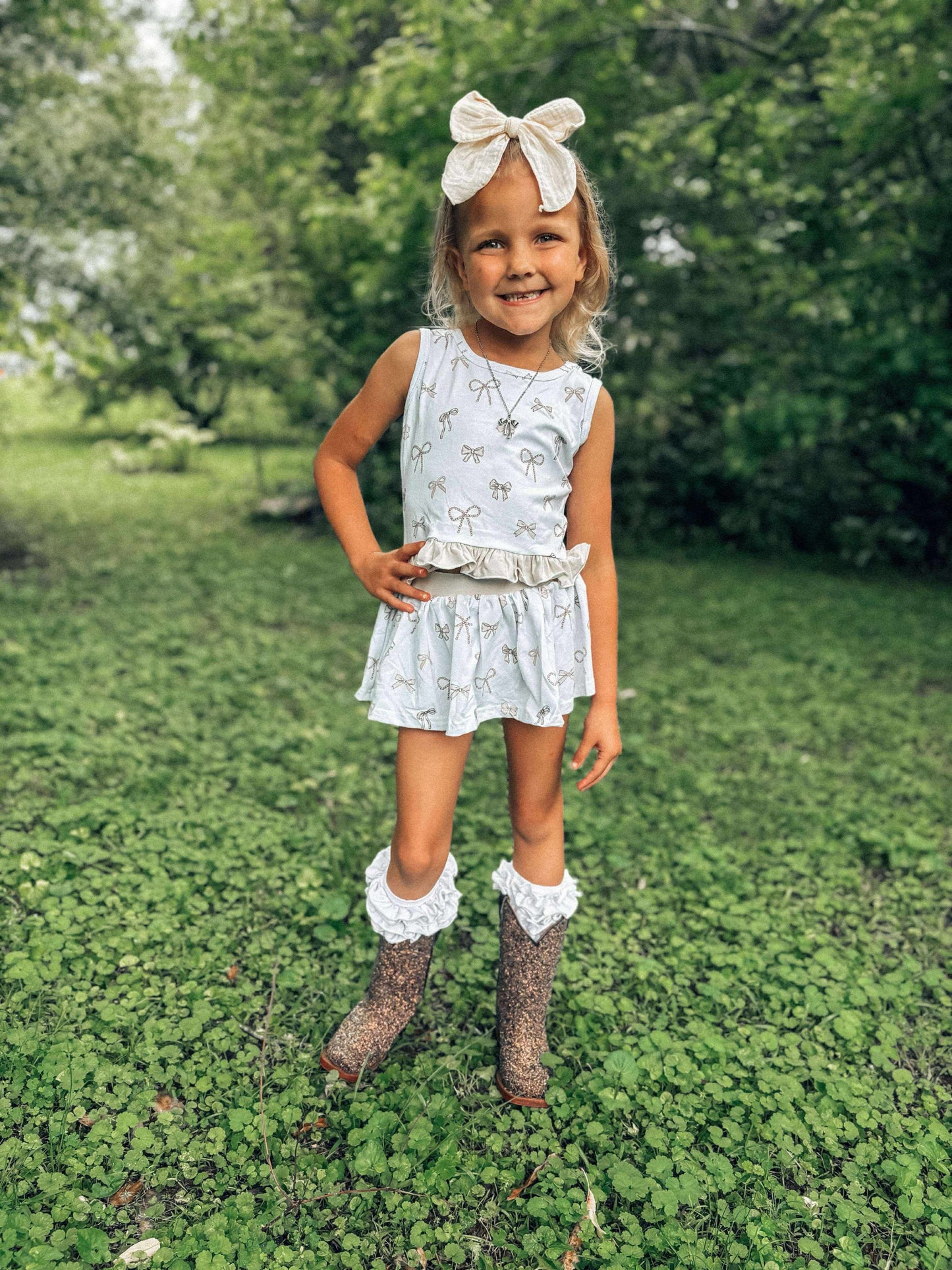 Sad Biege Bow Skirted Romper set (FINAL SALE)