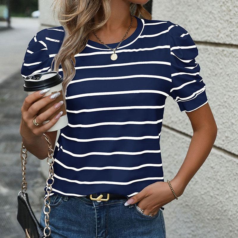 Puff Sleeve Stripes Tee - Stylish Casual Striped Shirt for Women