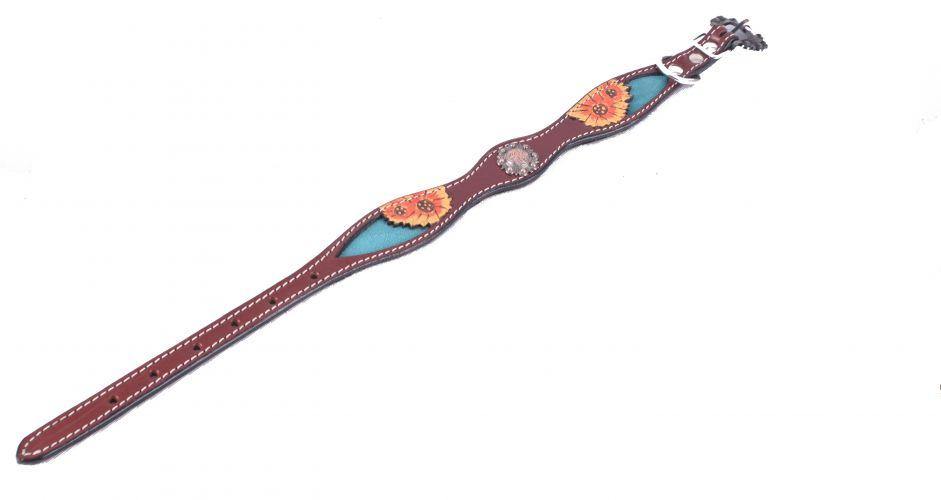 Hand Painted Sunflowers leather dog collar with copper buckle.