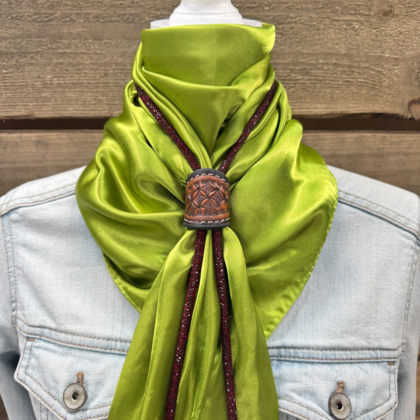 35X35" Solid Light Green Wild Rag / Scarf - Leather Slide and Bolo Tie