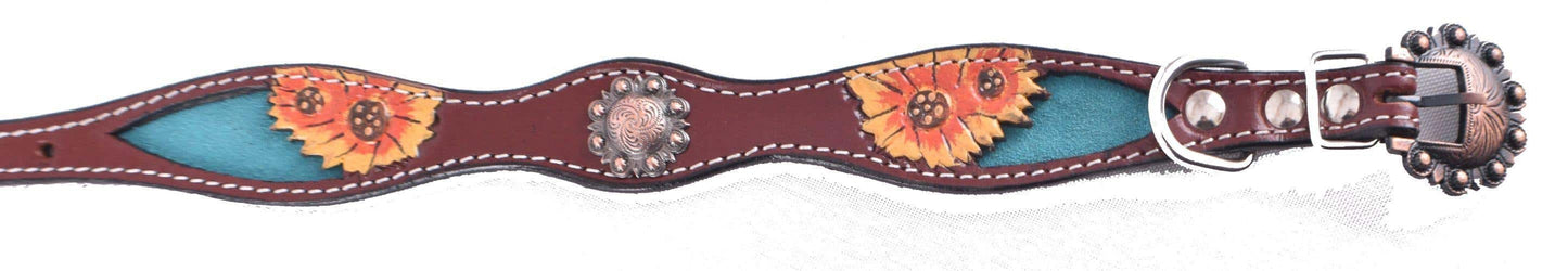 Hand Painted Sunflowers leather dog collar with copper buckle.