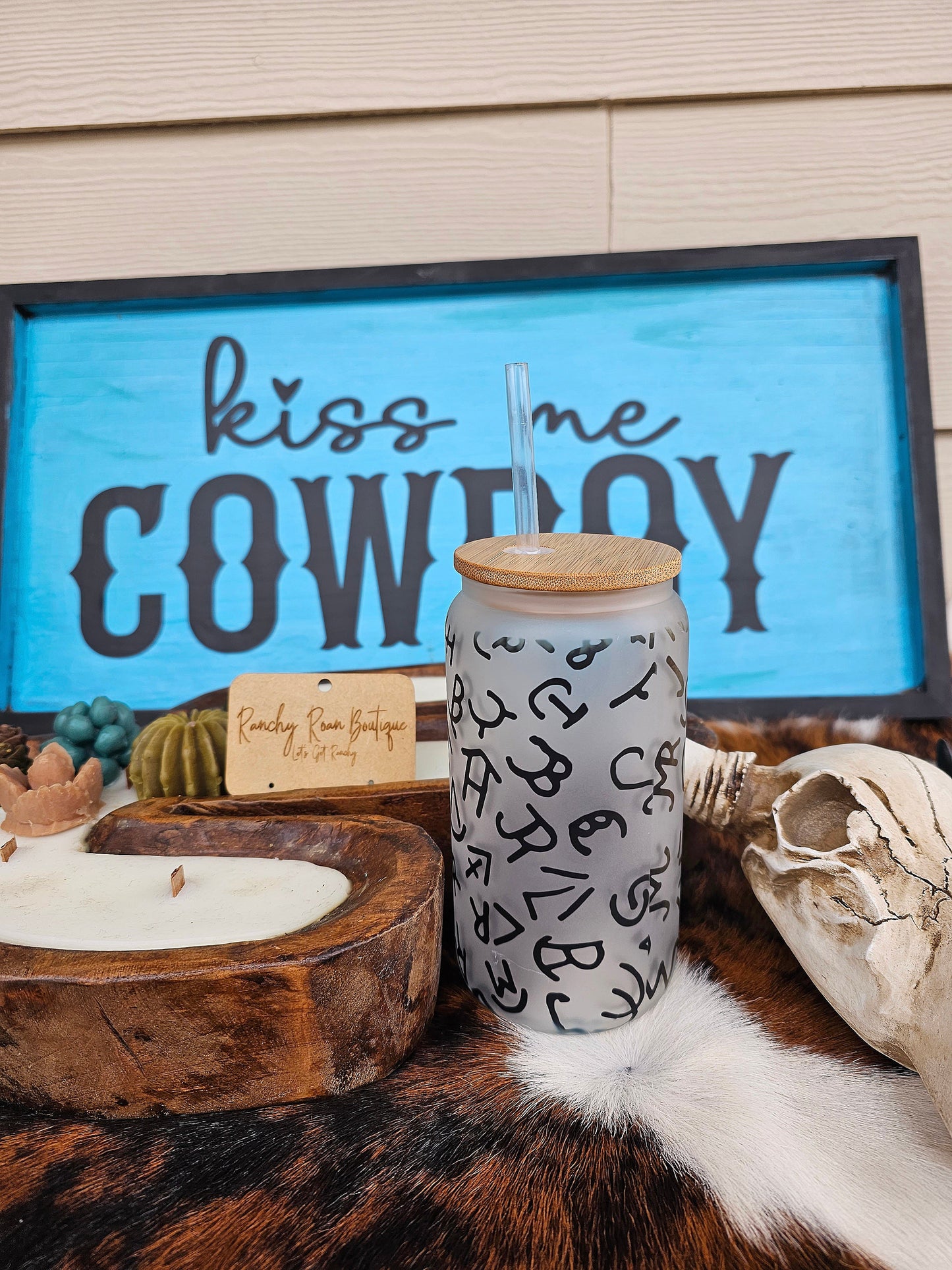Cattle Brand Frosted Glass Western 16 oz Tumbler