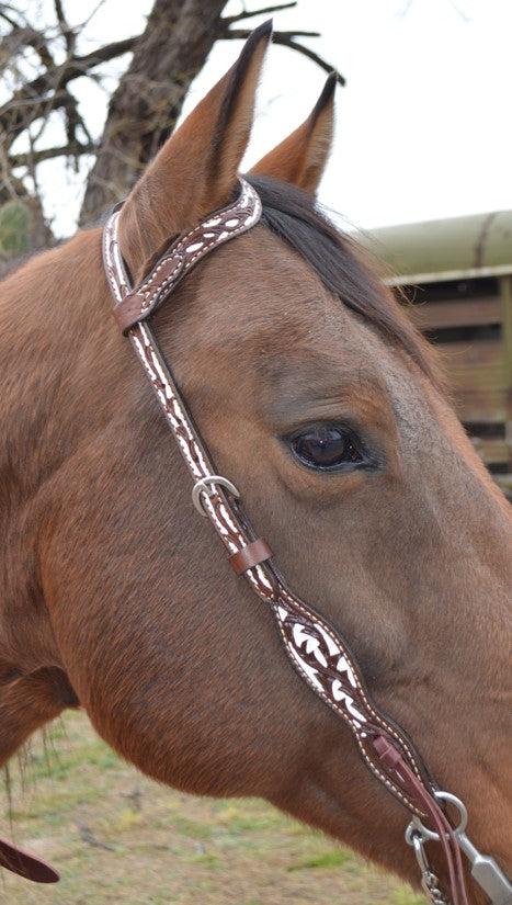 2074-CW 5/8" Wave one ear headstall chocolate leather vine tooling with background paint