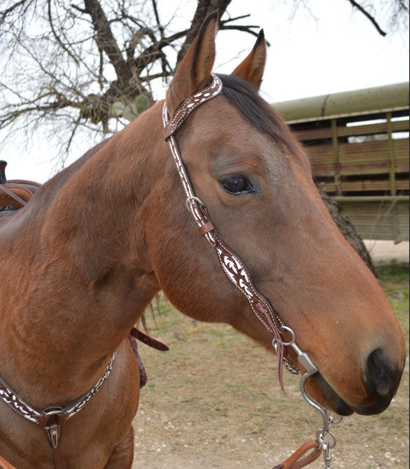 2074-CW 5/8" Wave one ear headstall chocolate leather vine tooling with background paint