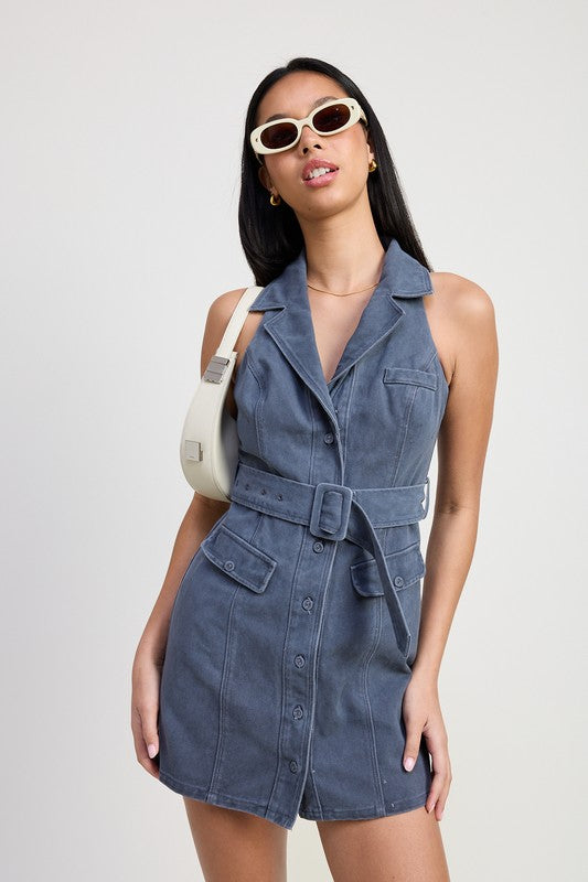 MINI HALTER COLLARED SLEEVELESS DRESS