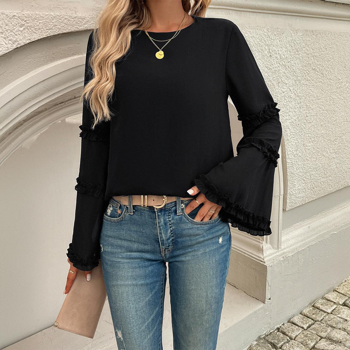Elegant Socialite Trumpet Sleeved Top – Stylish Ruffled Blouse for Trendy Women